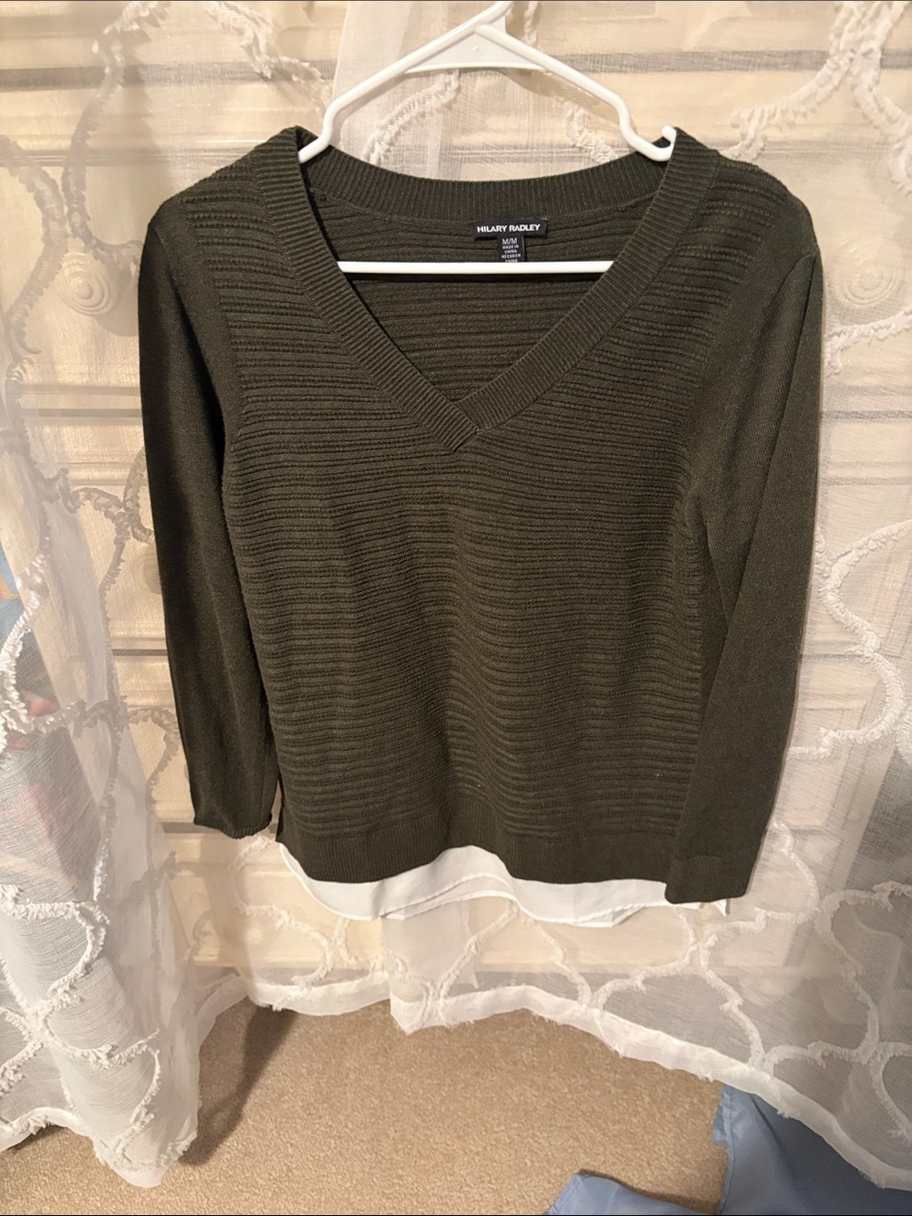 Hilary Radley Olive Green Ribbed V-Neck Sweater
